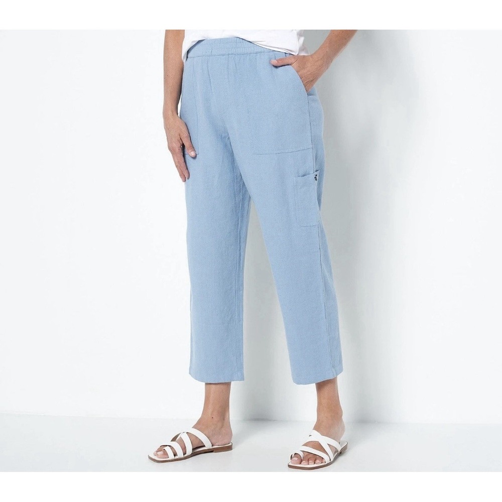 Susan Graver Women's Regular Linen Blend  Crop Pants Sz‎ 1XT Light Blue Coastal